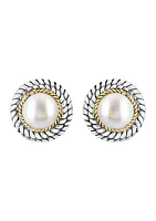 Freshwater Pearl Button Earrings in Sterling Silver and 18K Yellow Gold