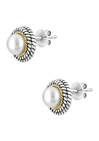 Freshwater Pearl Button Earrings in Sterling Silver and 18K Yellow Gold