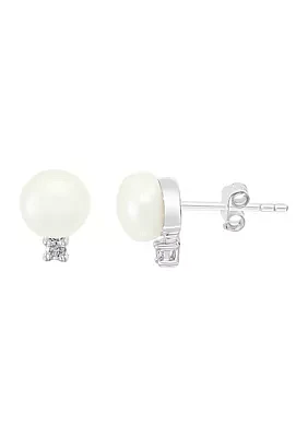 Sterling Silver Freshwater Pearl and 1/10 ct. t.w. Diamond Earrings 