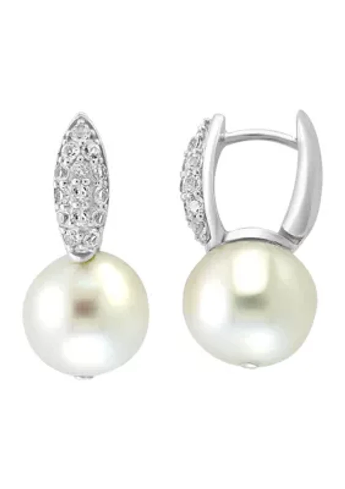 White Topaz and Freshwater Pearl Huggie Drop Earrings in Sterling Silver