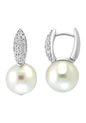 White Topaz and Freshwater Pearl Huggie Drop Earrings in Sterling Silver