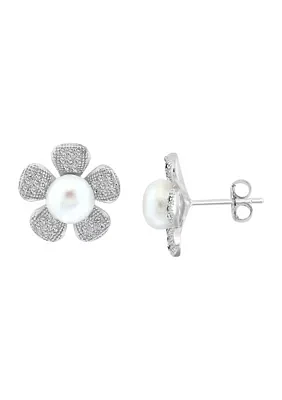 White Topaz and Freshwater Pearl Flower Earrings in Sterling Silver 