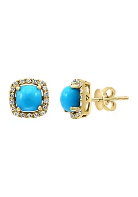 1/5 ct. t.w. Diamond and Turquoise Stud Earrings in 14K Yellow Gold