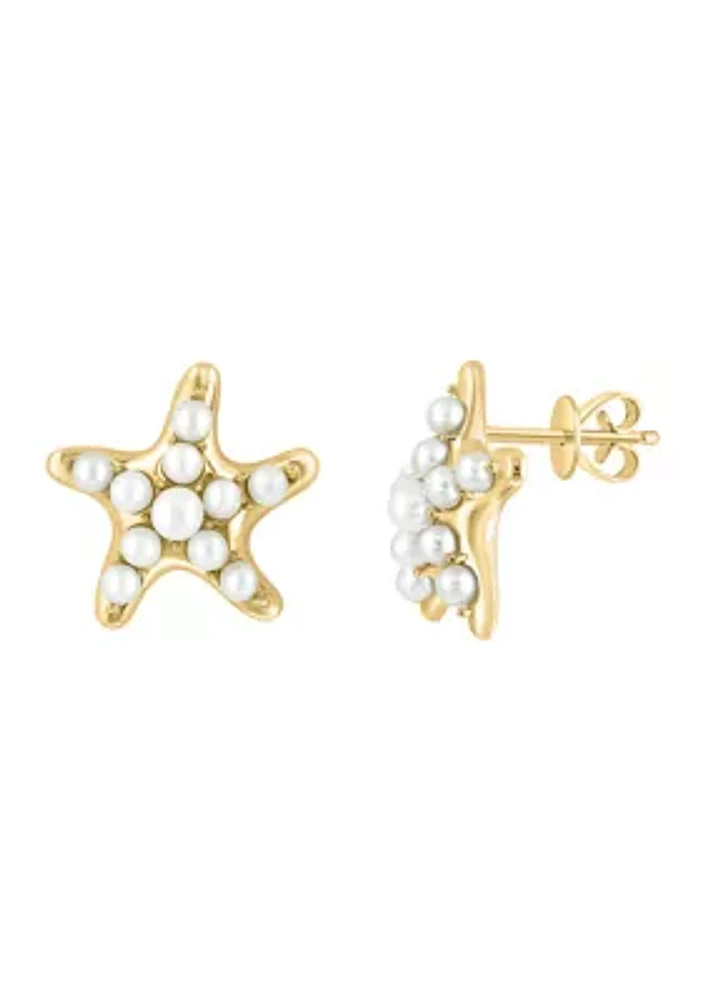 Freshwater Pearl Starfish Button Earrings in 14K Yellow Gold