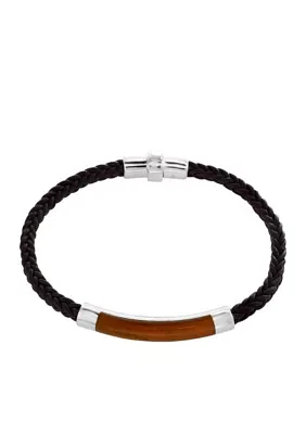 Men's Sterling Silver Tiger Eye and Braided Leather Bracelet