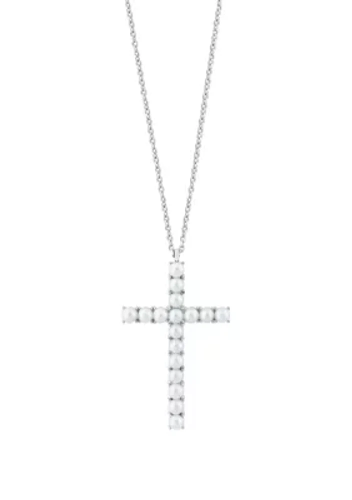 Freshwater Pearl Cross Pendant Necklace in Sterling Silver 