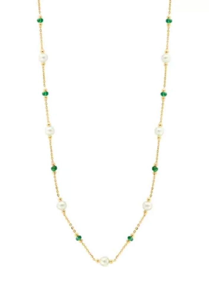 14K Yellow Gold Emerald, Freshwater Pearl Necklace