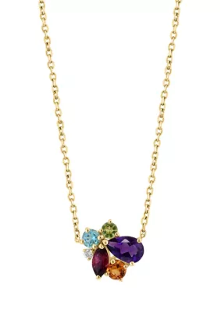 Diamond, Amethyst, Blue Topaz, Citrine, Rhodolite and Peridot Necklace in 14K Yellow Gold