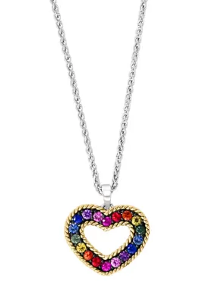 Multi Sapphire Hollow Heart Pendant Necklace in Sterling Silver and 18K Yellow Gold