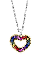 Multi Sapphire Hollow Heart Pendant Necklace in Sterling Silver and 18K Yellow Gold