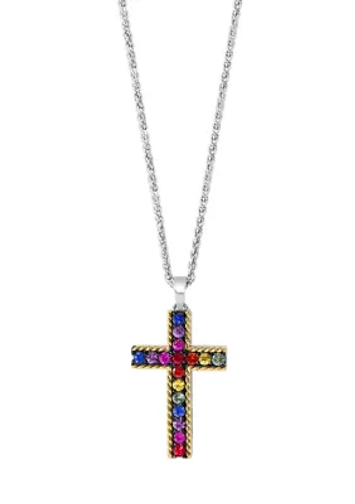 Multi Sapphire Cross Pendant Necklace in Sterling Silver and 18K Yellow Gold