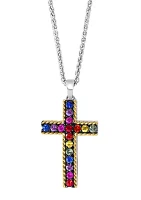 Multi Sapphire Cross Pendant Necklace in Sterling Silver and 18K Yellow Gold