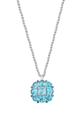 Blue Topaz, London Blue Topaz, Sky Blue Topaz Cluster Flower Pendant Necklace In Sterling Silver 