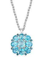 Blue Topaz, London Blue Topaz, Sky Blue Topaz Cluster Flower Pendant Necklace In Sterling Silver 