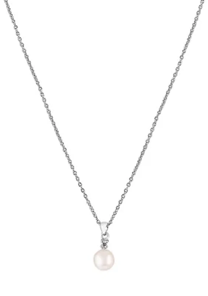 Sterling Silver Freshwater Pearl and Diamond Pendant Necklace 