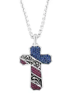 925 Sterling Silver Ruby and Sapphire Men's USA Cross Pendant 