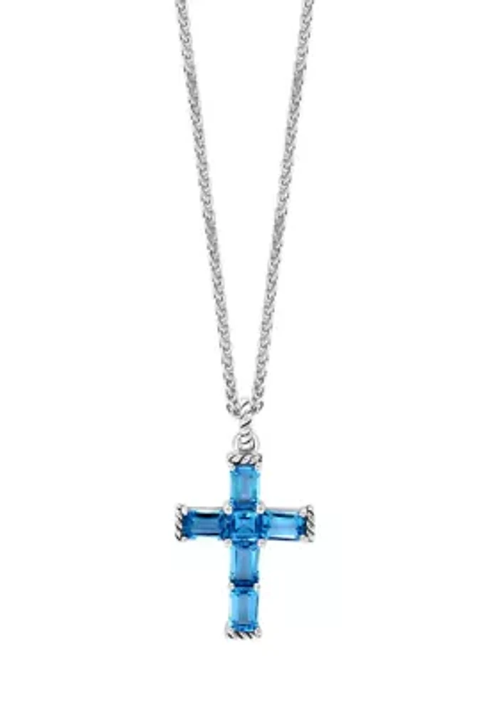 Blue Topaz Cross Pendant Necklace in Sterling Silver