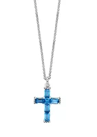 Blue Topaz Cross Pendant Necklace in Sterling Silver