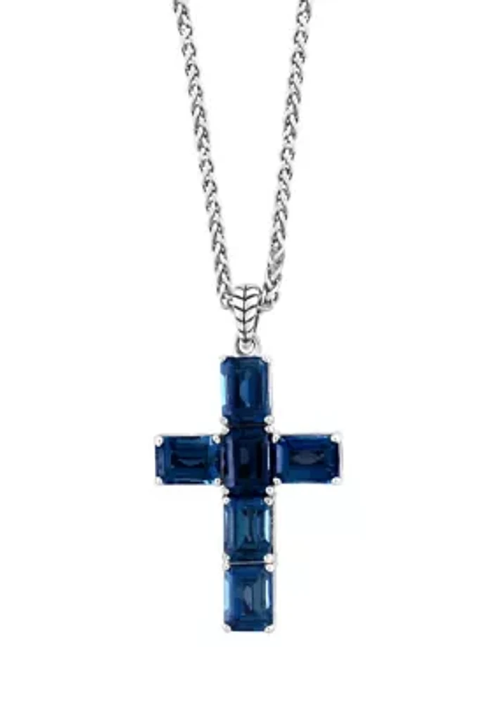 Blue Topaz Cross Pendant Necklace in Sterling Silver