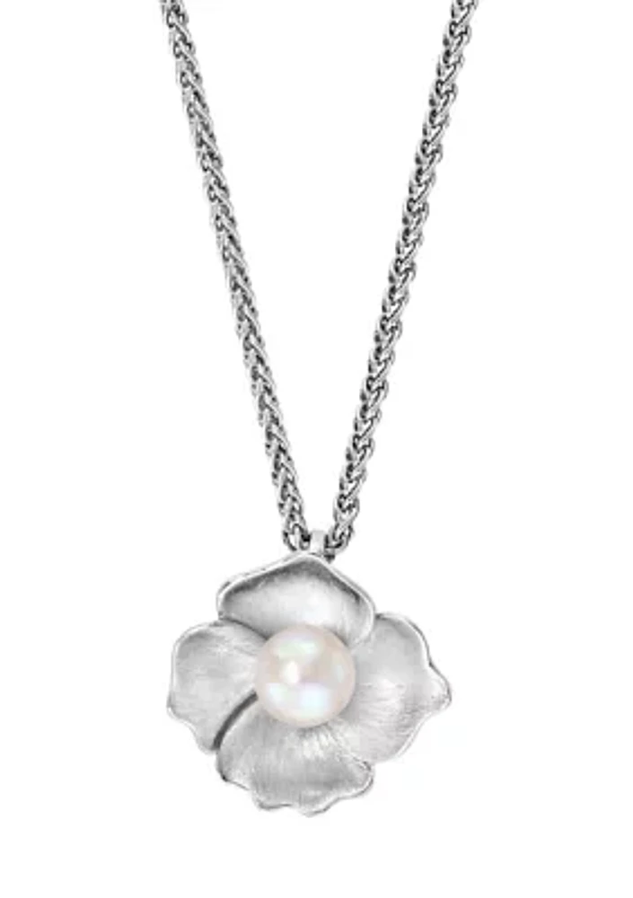 Sterling Silver Freshwater Pearl  Flower Pendant Necklace 