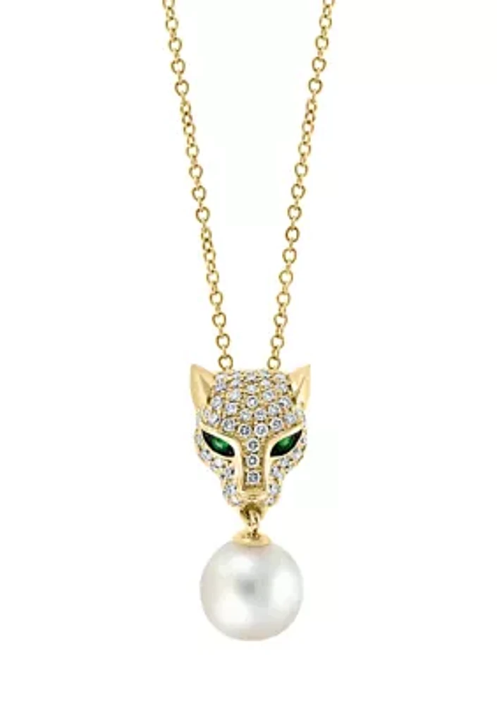 3/8 ct. t.w. Emerald, 1/10 ct. t.w. Diamond and Freshwater Pearl Pendant Necklace in 14K Yellow Gold