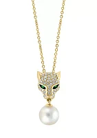 3/8 ct. t.w. Emerald, 1/10 ct. t.w. Diamond and Freshwater Pearl Pendant Necklace in 14K Yellow Gold