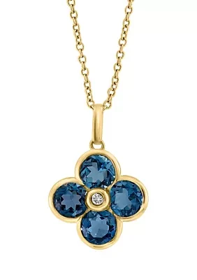 Diamond and London Blue Topaz Flower Pendant Necklace in 14K Yellow Gold