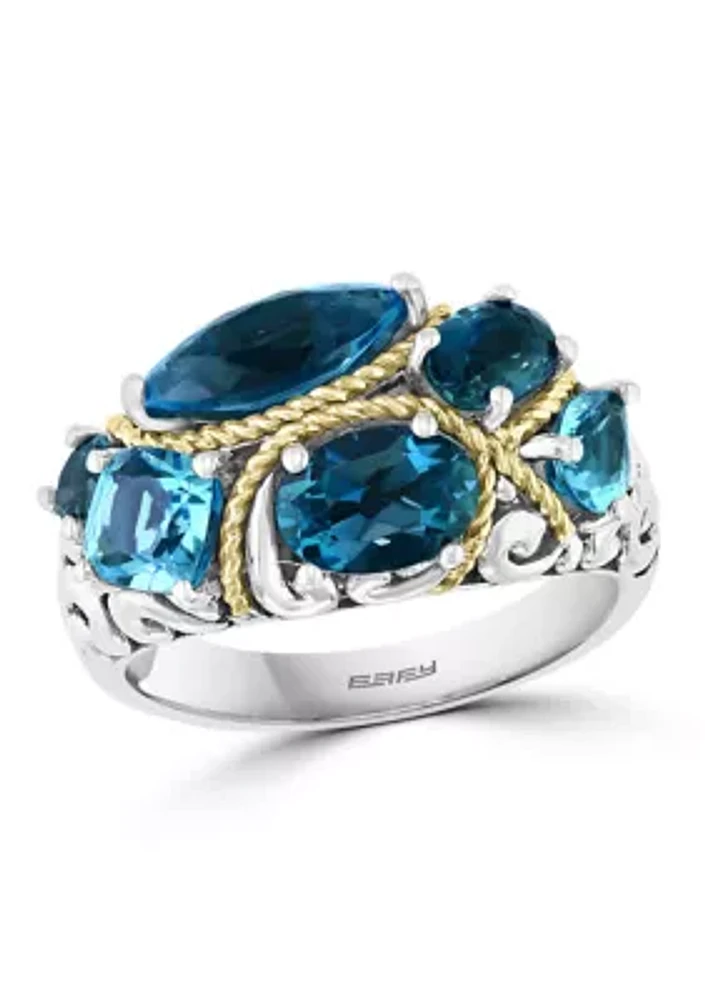 925 Sterling Silver/18K Yellow Gold Blue Topaz and London Blue Topaz Ring