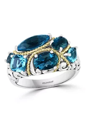 925 Sterling Silver/18K Yellow Gold Blue Topaz and London Blue Topaz Ring