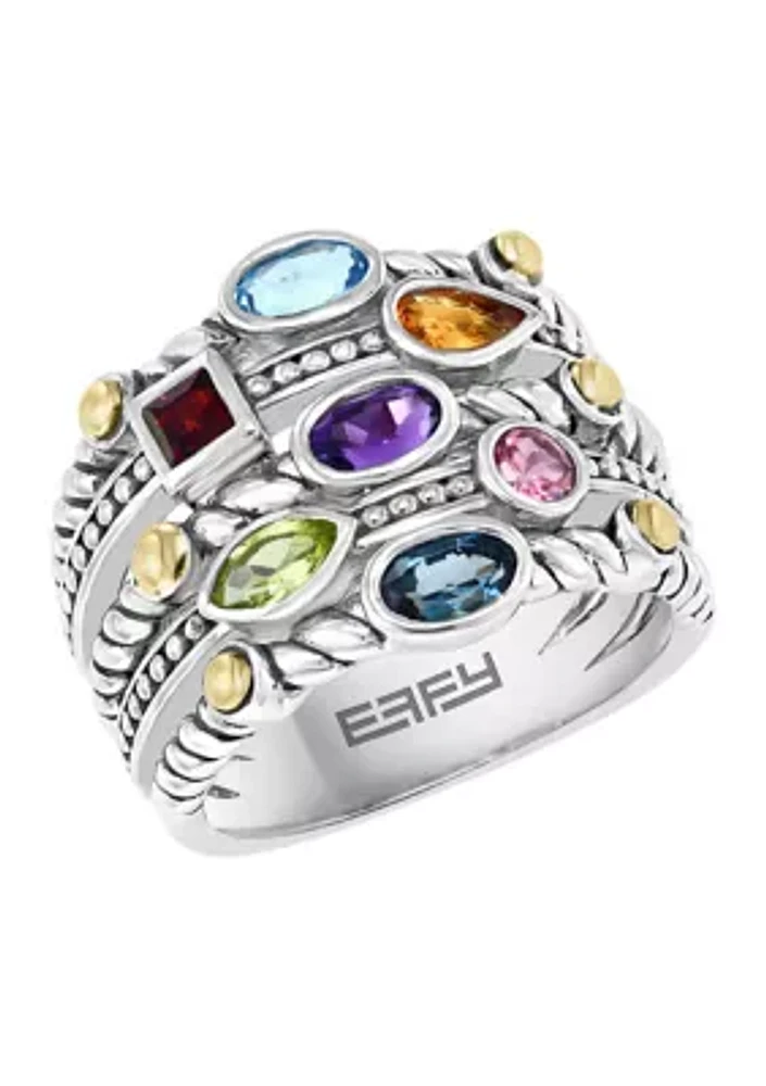 Sterling Silver/18K Yellow Gold 1.35 ct. t.w. Amethyst, Blue Topaz, London Blue Topaz, Citrine, Garnet, Pink Tourmaline, and Peridot Ring