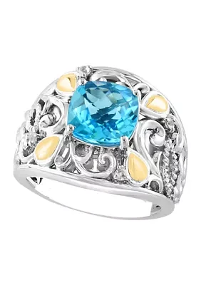 Blue Topaz and White Sapphire Ring in 14K Sterling Silver and Yellow Gold