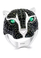 Sterling Silver Black Spinel and Green Onyx Panther  Ring