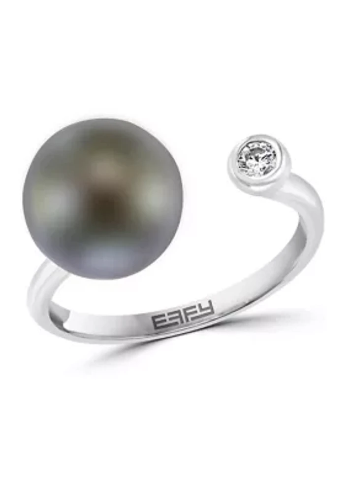 Black Tahitian Pearl and White Sapphire Ring in Sterling Silver