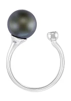 Black Tahitian Pearl and White Sapphire Ring in Sterling Silver