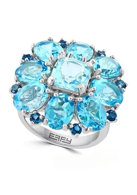 Blue Topaz, London Blue Topaz, Sky Blue Topaz Cluster Flower Ring In Sterling Silver 