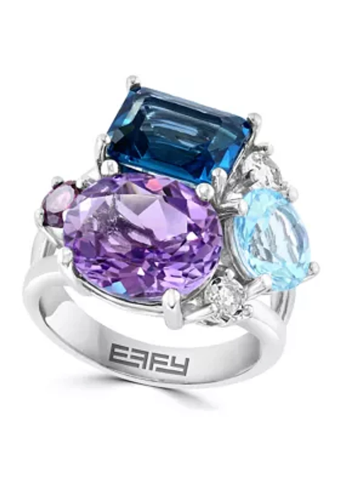 Pink Amethyst, Blue Topaz, White Topaz, and Rhodolite Ring in Sterling Silver