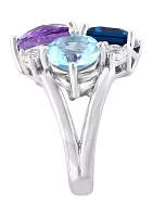 Pink Amethyst, Blue Topaz, White Topaz, and Rhodolite Ring in Sterling Silver