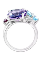 Pink Amethyst, Blue Topaz, White Topaz, and Rhodolite Ring in Sterling Silver