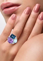 Pink Amethyst, Blue Topaz, White Topaz, and Rhodolite Ring in Sterling Silver