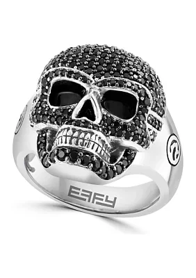 Men's Black Spinel Skull Ring in Sterling Silver