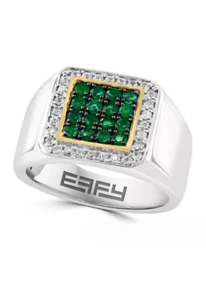 Men's White Topaz and Emerald Ring in Gold Over Sterling Silver