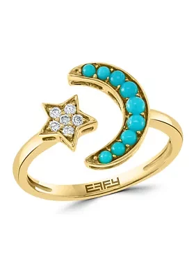 1/10 ct. t.w. Diamond and 1/4 ct. t.w. Turquoise Moon and Star Ring in 14K Yellow Gold