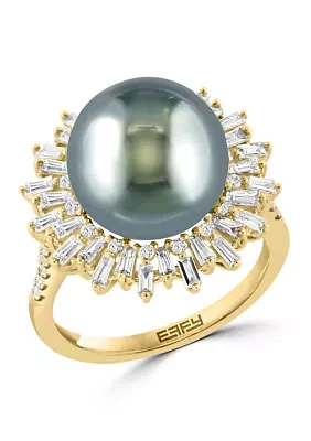 3/4 ct. t.w. Diamond and Black Tahitian Pearl Ring in 14K Yellow Gold