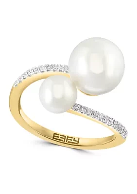 1/8 ct. t.w. Diamond and Freshwater Pearl Ring in 14K Yellow Gold