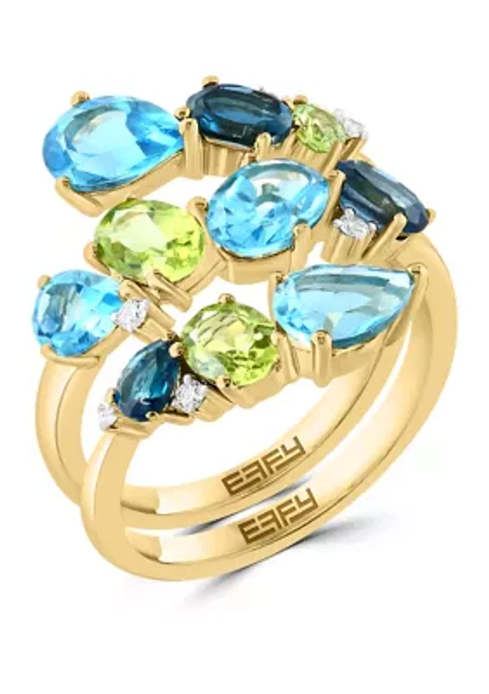 1/10 ct. t.w. Diamond, Blue Topaz, London Blue Topaz and Peridot Ring in 14K Yellow Gold