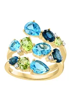 1/10 ct. t.w. Diamond, Blue Topaz, London Blue Topaz and Peridot Ring in 14K Yellow Gold