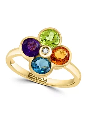 Diamond, Amethyst, London Blue Topaz, Citrine, Peridot Flower Ring 14K Yellow Gold