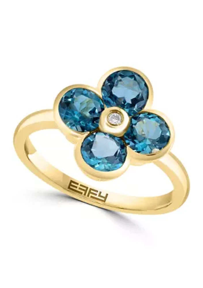 Diamond and Blue Topaz Flower Ring in 14K Yellow Gold