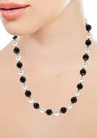  14K Yellow Gold Freshwater Pearl and Onyx 18 Inch Necklace 