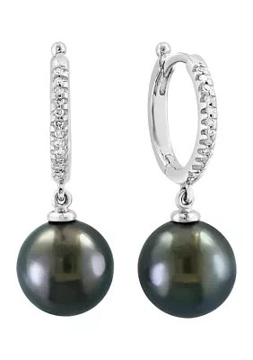 1/10 ct. t.w. Diamond, Black Tahitian Pearl Earrings in 14K White Gold